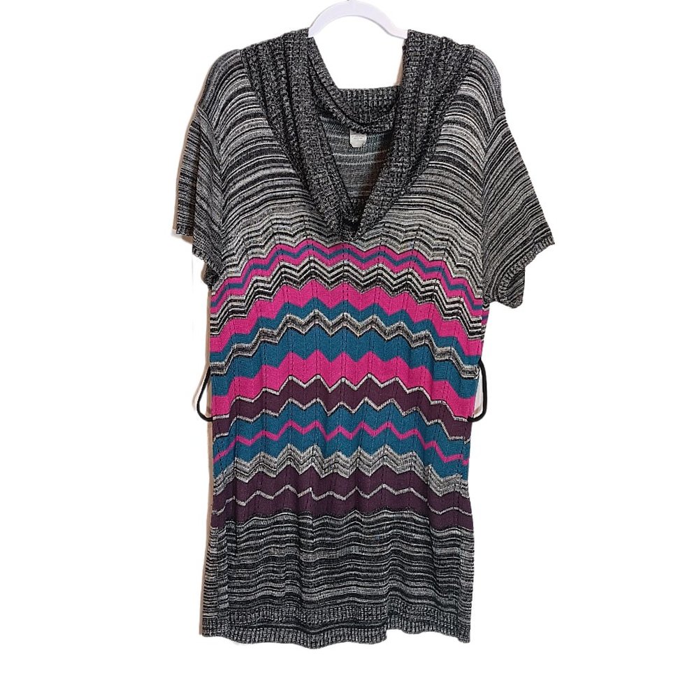 Womens Chevron Print Draped Cowlneck Knit Sweater Mini Dress Multicolor